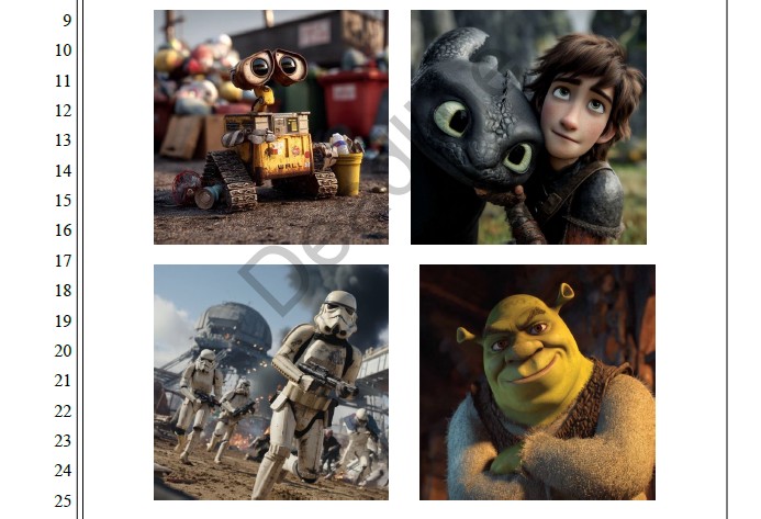 Ausschnitt aus der Klageschrift Disney und Universal gegen Midjourney mit Fotos der durch KI hergestellten Figuren der Kläger.