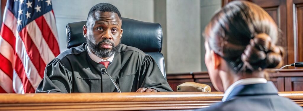 Richter sitzt in einem amerikanischen Gericht vor einer amerikanischen Flagge am Pult. (Pixabey)