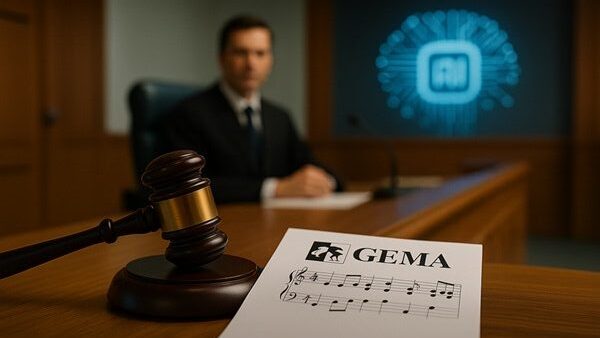Gerichtssaal mit Fokus auf die beiden Pateien. GEMA und OpenAI