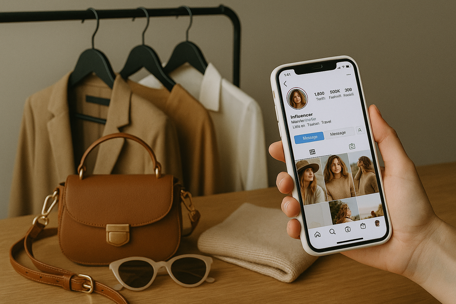 Influencer Gegenstände und Handy mit Instagram