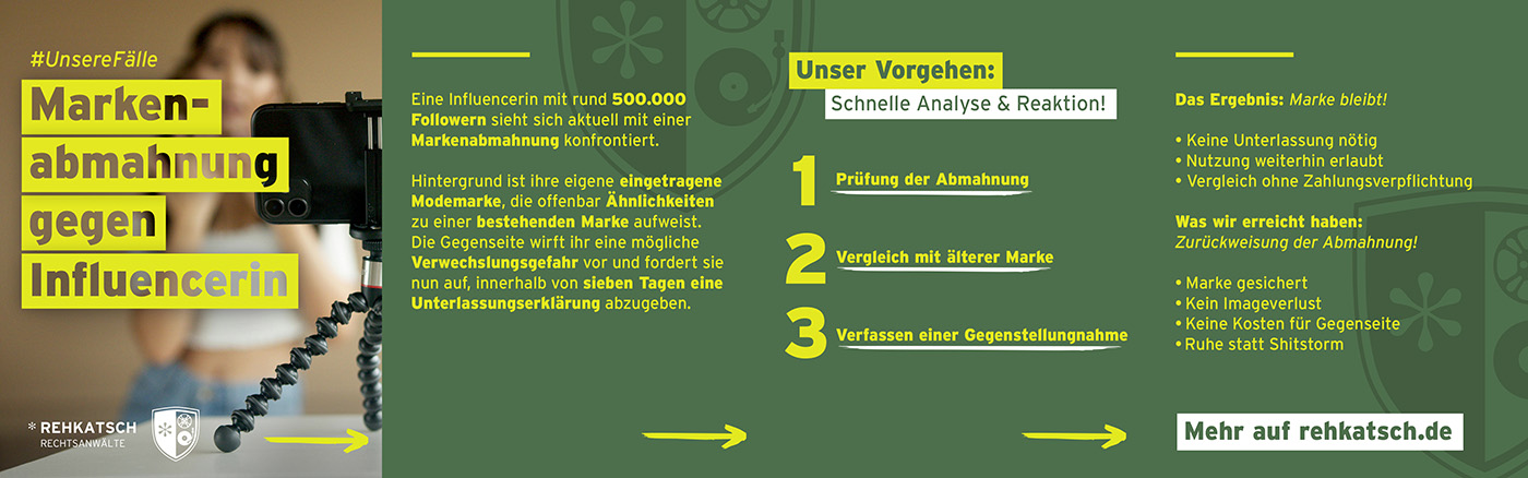 Rehkatsch Markenrecht Unsere Fälle Abmahnung einer Influencerin