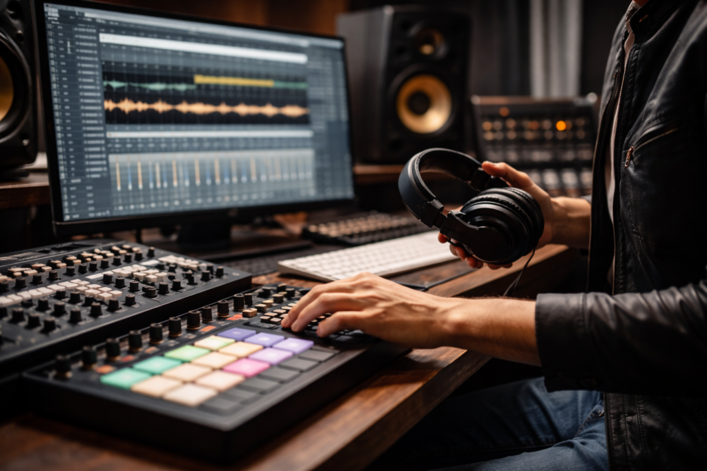 Person im Musikstudio und nimmt Inhalt auf