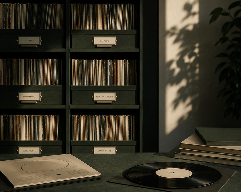 Minimalistische Archivszene mit Vinylplatten und beschrifteten Musikrechts-Katalogen in dunklen Regalen. Stimmungsvoll beleuchteter Raum mit Schallplatte, Dokumenten und warmen Schatten — symbolisch für geerbte Musikrechte, Verwaltung und langfristigen Katalogwert.
