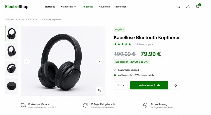 Online-Shop mit durchgestrichenem Preis und reduziertem Angebotspreis als Beispiel für Preiswerbung und Preisgegenüberstellungen im E-Commerce.