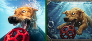 KI-Bilder und Urheberrecht – Originalfoto eines tauchenden Hundes neben dem KI-generierten Comic-Bild, OLG Düsseldorf
