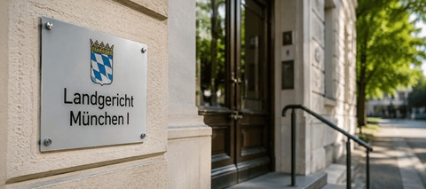 Eingang des Landgerichts München I zum Urteil im Rechtsstreit zwischen GEMA und Suno über KI-Training mit urheberrechtlich geschützter Musik.