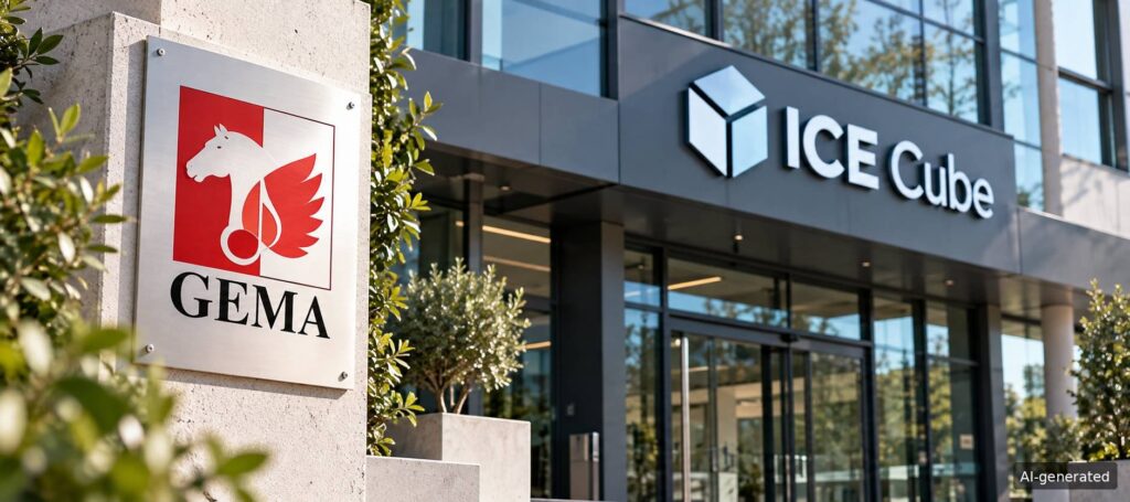 GEMA-Schild vor einem modernen ICE-Cube-Gebäude – Umstellung der GEMA-Werkdatenbank und Einschränkungen bei der Werkanmeldung ab November 2026.