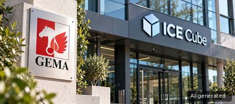 GEMA-Schild vor einem modernen ICE-Cube-Gebäude – Umstellung der GEMA-Werkdatenbank und Einschränkungen bei der Werkanmeldung ab November 2026.