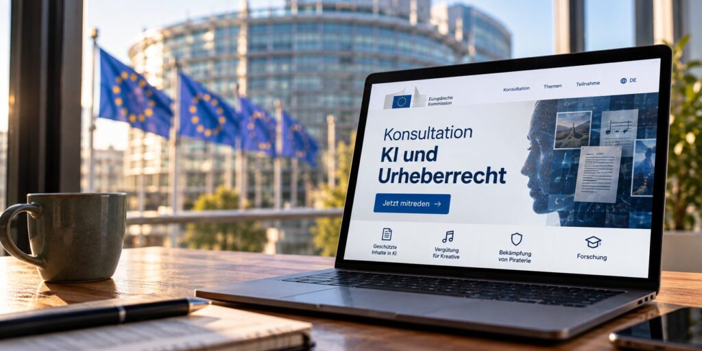 Laptop mit EU-Konsultation zu KI und Urheberrecht vor dem Europäischen Parlament in Brüssel mit EU-Flaggen im Hintergrund.