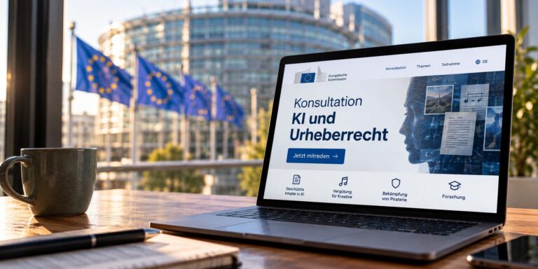 Laptop mit EU-Konsultation zu KI und Urheberrecht vor dem Europäischen Parlament in Brüssel mit EU-Flaggen im Hintergrund.