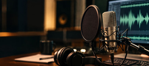 Studiobild mit Mikrofon und Schallwellen für den Artikel „Stimme als Marke – Meloni“