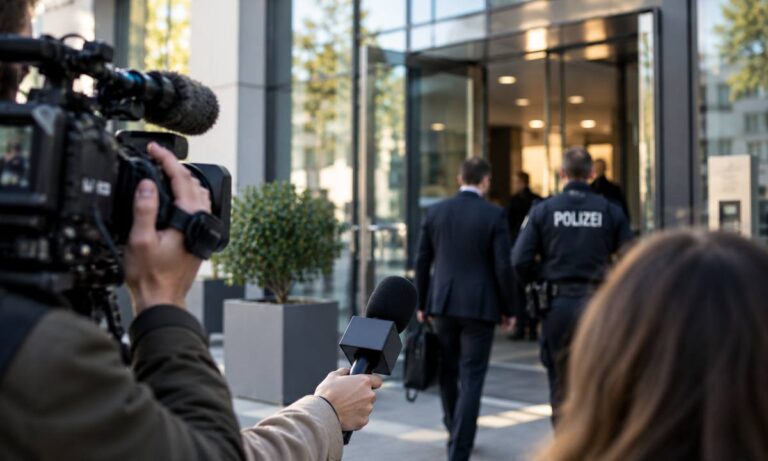 Presse-Mikrofone und Kamera vor einem Bürogebäude während laufender Ermittlungen.